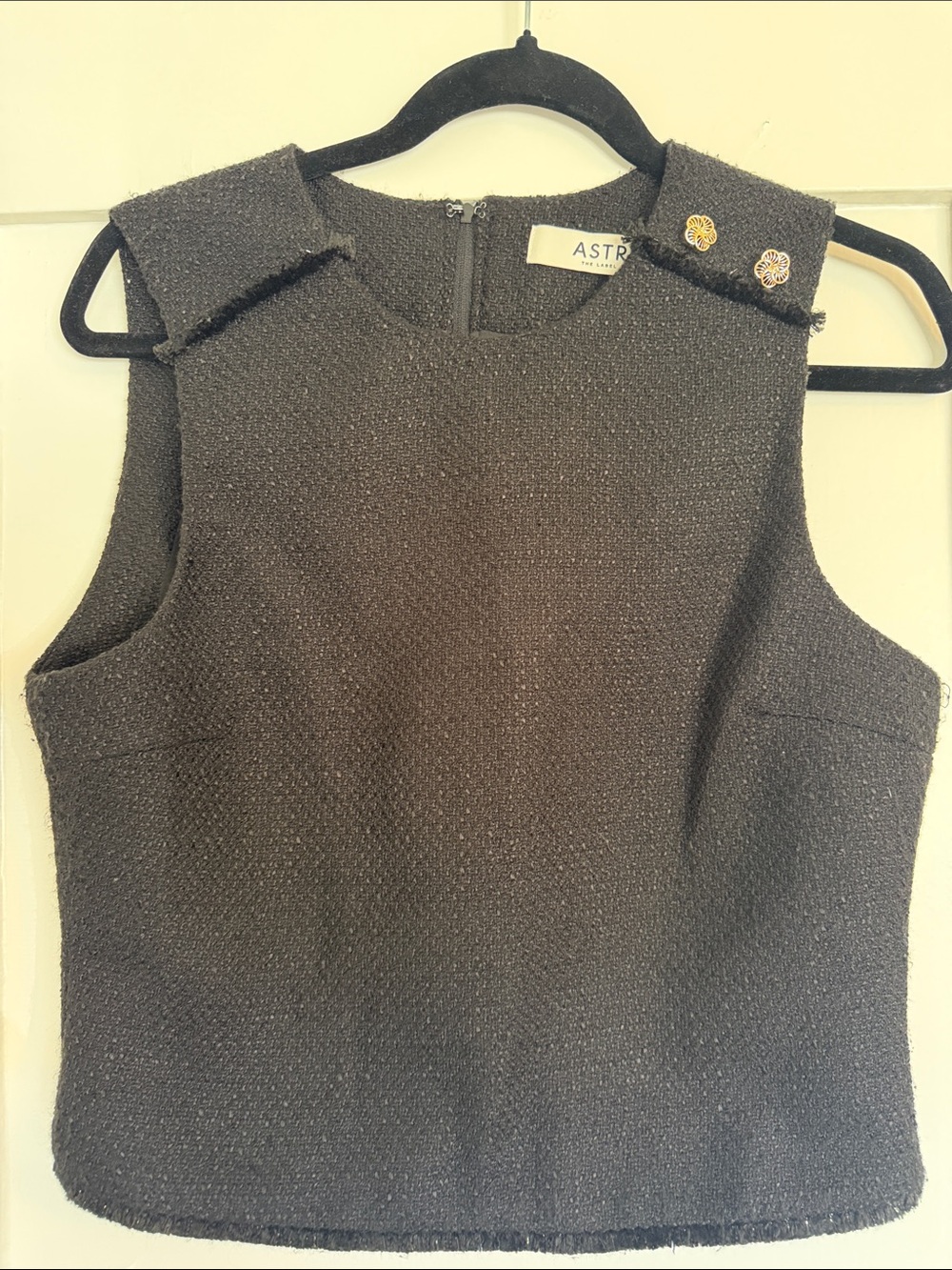 Astr Black Tweed Sleeveless Top with Gold Button Accents